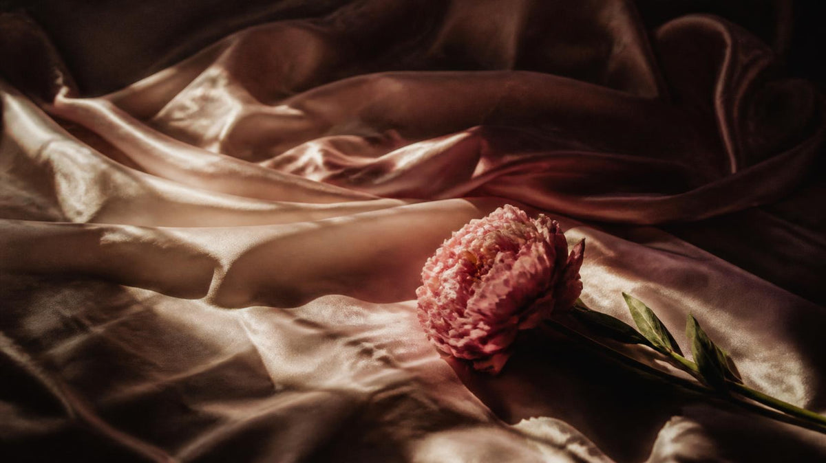 Ivory silk sheets and a single peony in soft evening light